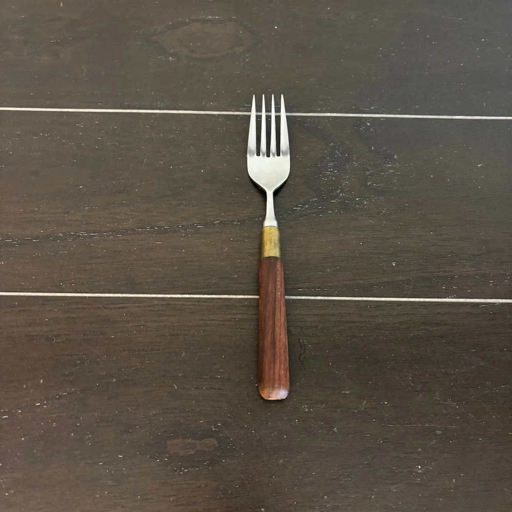 Taylor & Ng Vintage Stainless Japan Wood Handle Fork and Spoon Flatware Set MCM